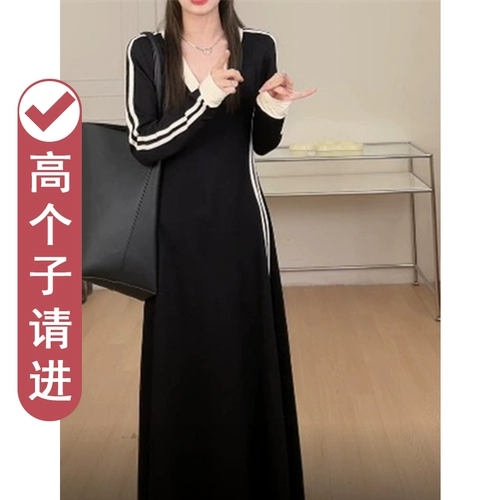 Сверхдлинное длинное платье, черная осенняя длинная юбка, V-образный вырез, яркий броский стиль, по фигуре, осеннее