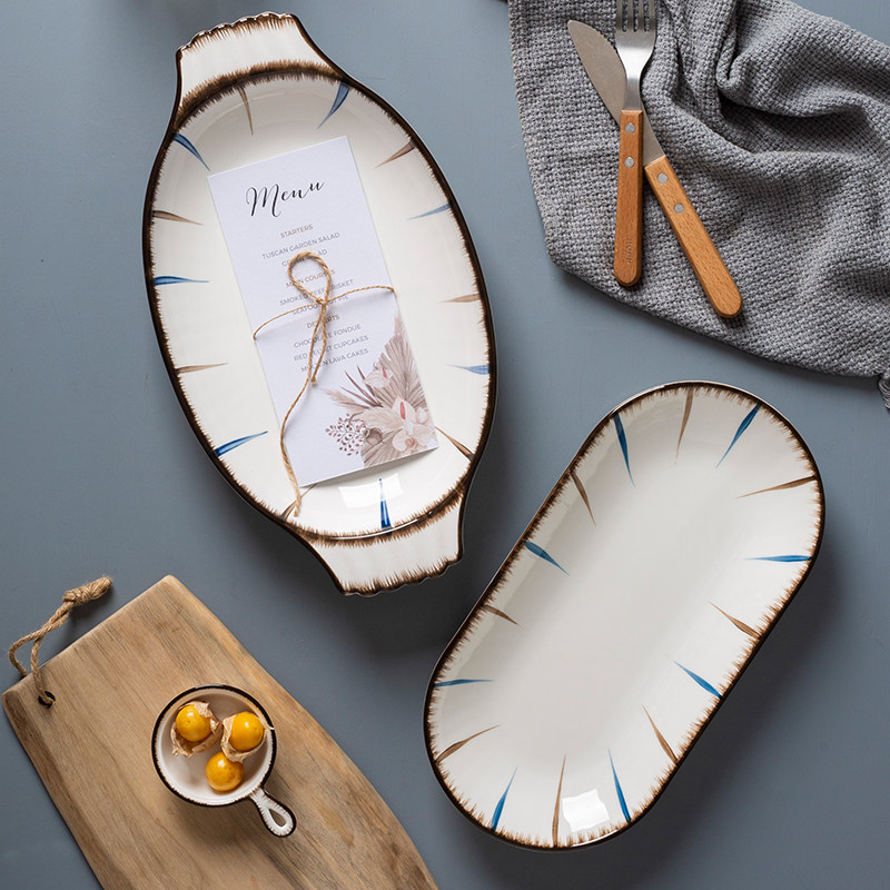 Fish plate large household steamed fish plate rectangular plate fish deep plate tableware ceramic oversized fish basin