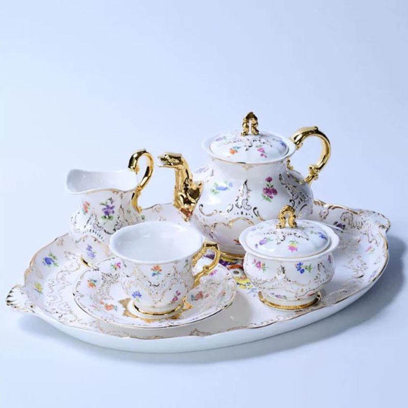German Meissen Bform Palace-Style Gilt European Coffee Cup, Large Pot, Sugar Bowl, Milk Jug, Tray Set