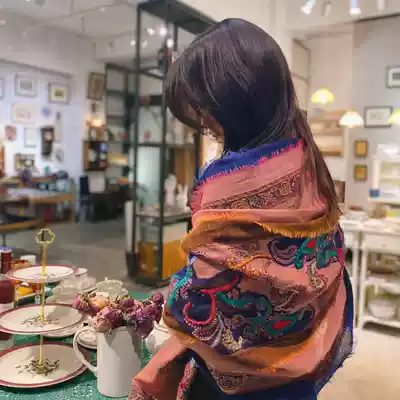 High-end Akan custom retro color hand-embroidered beaded scarf daily travel photo photogenic wool shawl