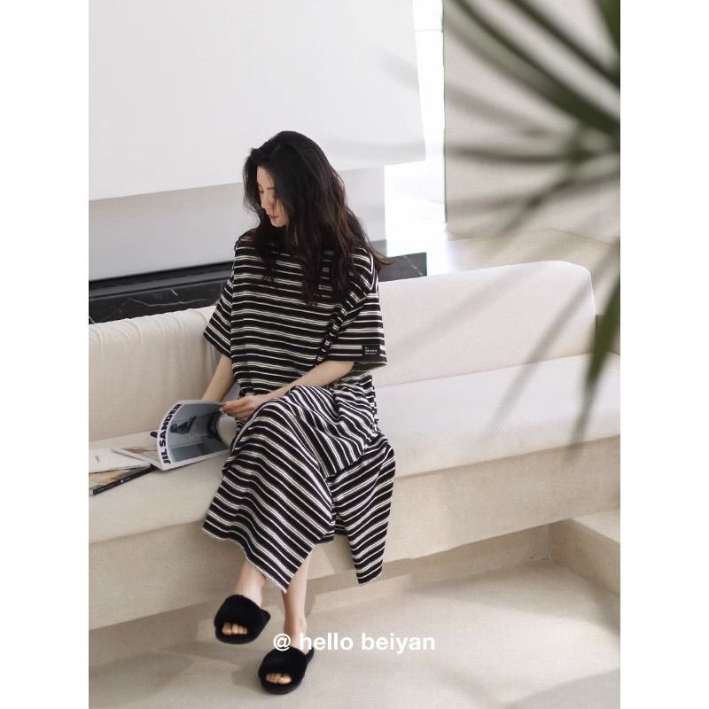 Plus-Size Women's Short-Sleeved Mid-Length Nightgown Casual Striped Long Dress That Can Be Worn Outside as Loungewear 260