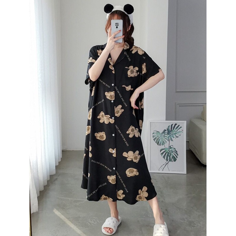 Plus Size Fat Girl 1.0-150kg Summer Loose-Fitting Bear Print Long Cardigan Nightdress That Can Be Worn Outside as Loungewear