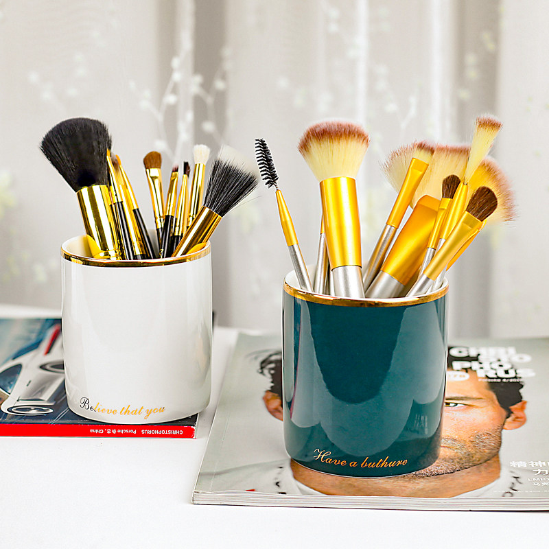 Nordic Ceramic Makeup Brush Containing Barrel Creative Desktop Remote Control Stationery Pen Holder Ins Student Dormitory containing box-Taobao
