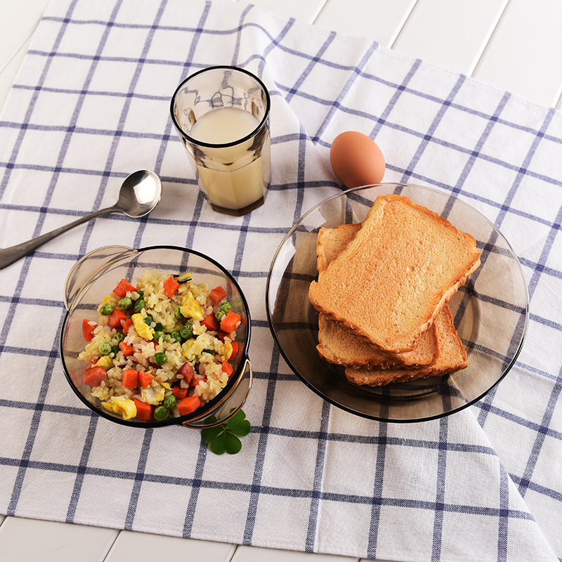 Nordic tea tempered glass bowl household tableware package double ear bowl rice bowl with covered glass cooker fruit plate