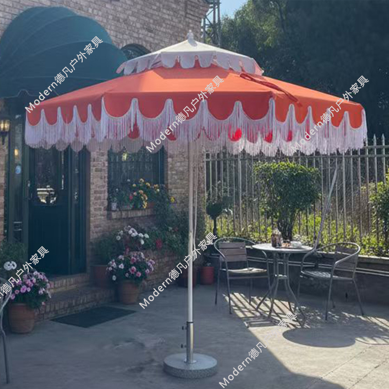 French-Style Tassel Center-Pole Patio Umbrella, Outdoor Sunshade Umbrella, Garden Terrace Homestay Beach Trendy Sun Umbrella