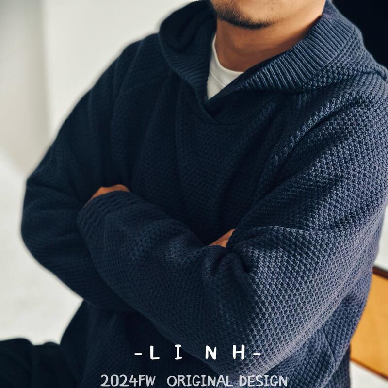 Linh24Fw Japanese Retro Anti-Pilling Cotton Sweater with Hood for Men, Versatile High-End Osmanthus Stitch Knit Top