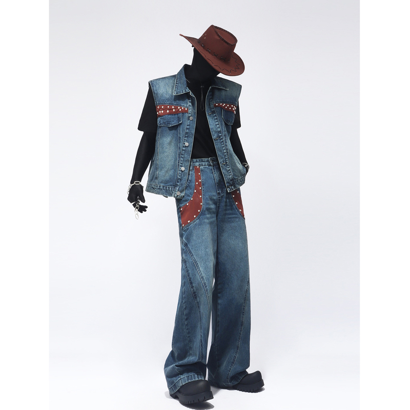 American High Street Retro Patchwork Rivet Design Sleeveless Denim Vest Jacket for Men Loose Fit Waistcoat Jacket Set