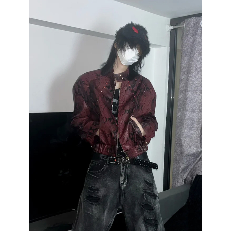 Unique Dark Python Skin Texture Leather Jacket with Gem Embellishments, Studded Stand Collar, Short Style, Spring Design