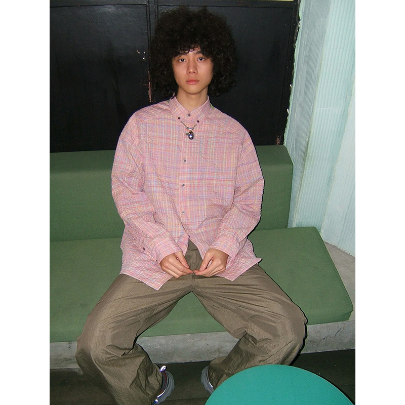Pink Couple Plaid Shirt, Long-Sleeved Oversize Trendy Brand Retro Casual Loose Design Shirt for Men and Women