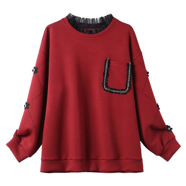 September Momo European station large size women's casual long-sleeved top plus velvet thickened lace splicing fake two-piece sweater