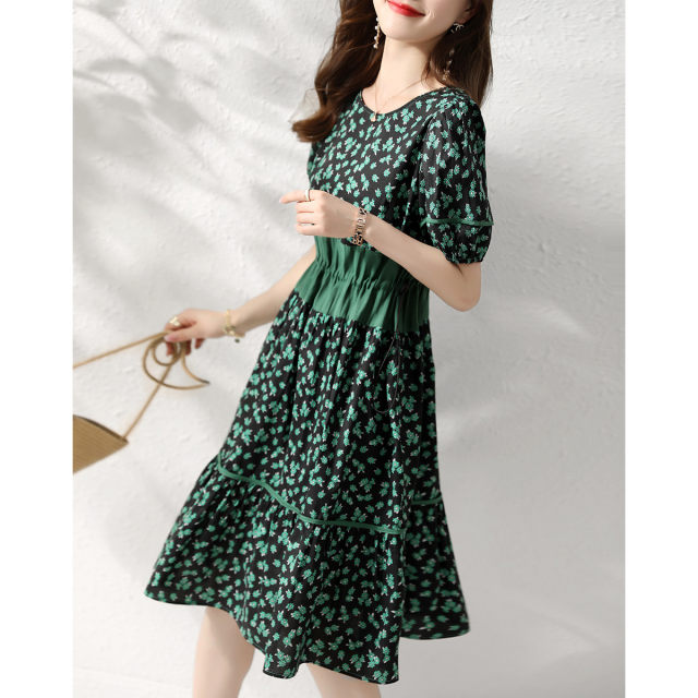 First-line brand cutting label women's clothing big-name foreign trade export temperament waist drawstring slimming floral short-sleeved dress for women