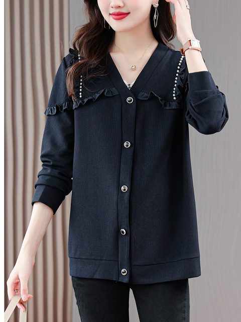 September Momo European station large size new waffle pearl chain trim jacket loose fat sister women's top