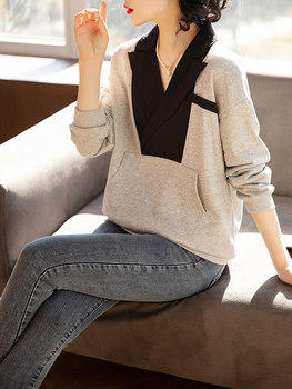 September Momo European women's clothing 2022 autumn gray suit collar sweater loose casual design long-sleeved top