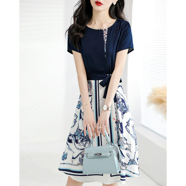 First-line brand cutting label women's clothing big-name foreign trade export hit color printing splicing tie waist slimming dress summer