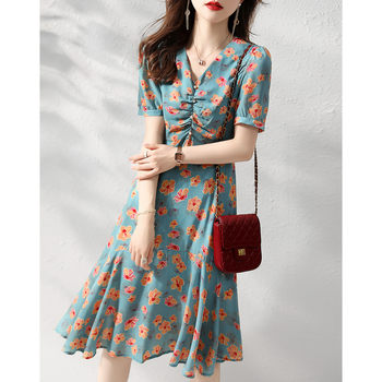 First-line brand cutting label women's clothing big-name foreign trade export French printing V-neck waist waist temperament short-sleeved summer dress