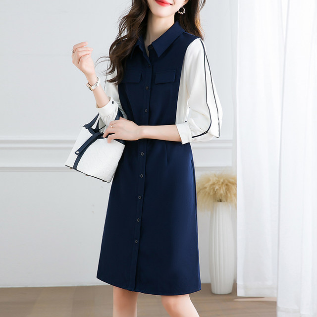 The counter withdraws the cabinet and cuts the label big brand Yudan original single export women's clothing hit color splicing temperament lapel thin dress autumn