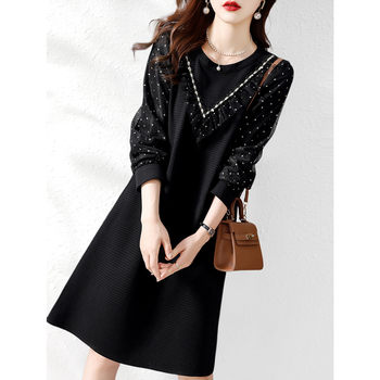 The counter withdraws the cabinet and cuts the label big brand Yudan original single export women's clothing French neckline splicing lace long-sleeved dress autumn