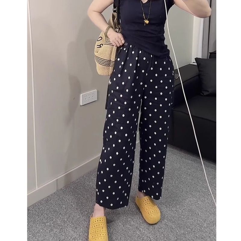 Printed Polka Dot Elastic Casual Pants for Women, New Summer Style, Fashionable, Versatile, Comfortable, Nine-Point Wide-Leg Pants