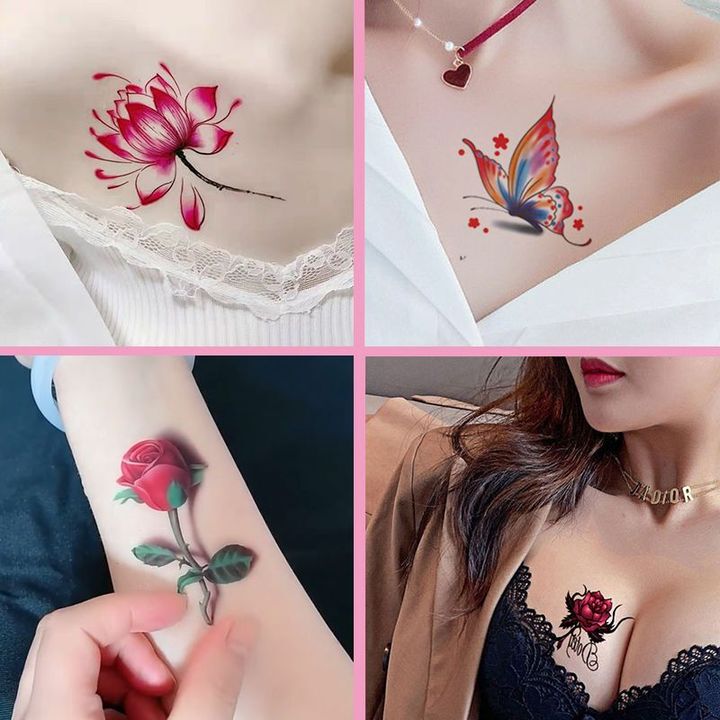 Waterproof Tattoo Stickers for Women, Long-Lasting, Sexy, Fresh, 3D Rose Flower Butterfly Scar Cover Stickers for Chest and Collarbone