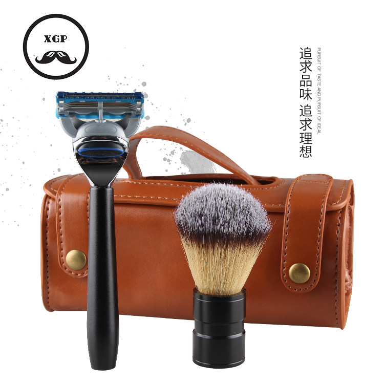 Men's Travel Razor Manual Razor Leather Bag Vintage Retro Razor Aviation Aluminum Handle with Beard Brush
