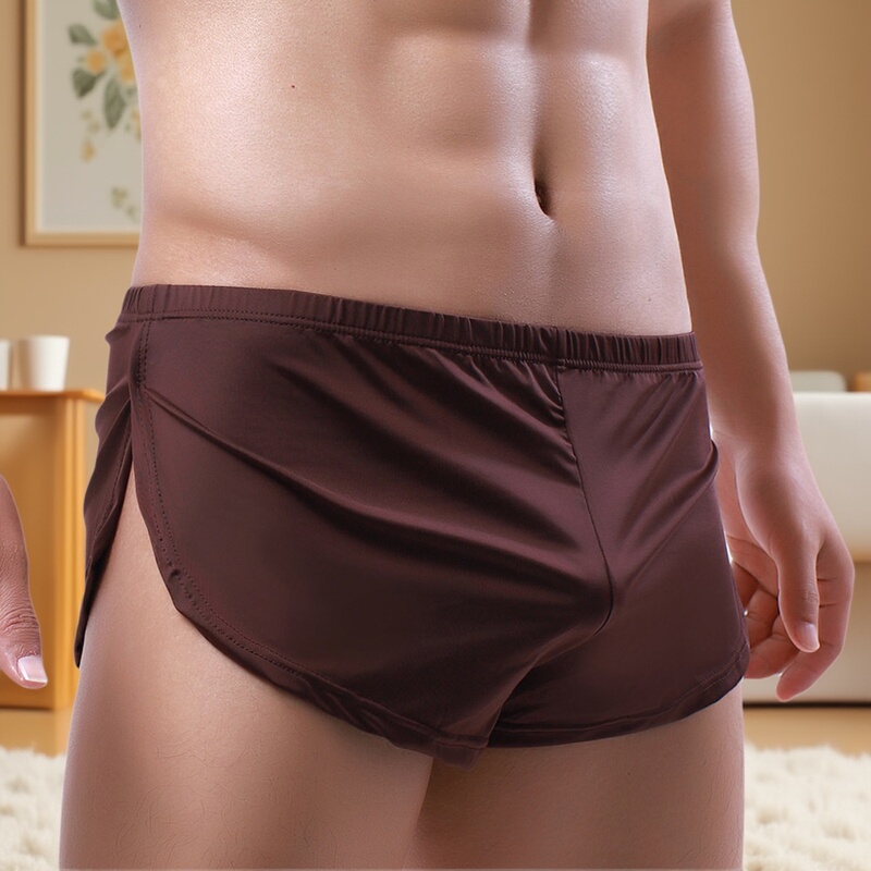 Sexy Slit Design, Ice Silk Men's Boxer Briefs, Low-Rise, Suitable for Sleeping, with Pouch, Boxer Shorts