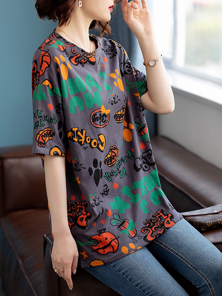 September strange pure cotton short sleeve t shirt summer 2022 new loose Korean tops printed shirt