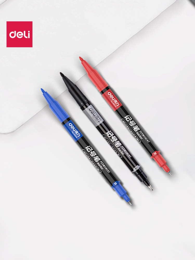 Deli Small Double-Headed Oil-Based Marker Pen, Fine Tip Marker Pen, Outlining Pen for Children's Drawing, Student Use, Black Art Student Outlining Pen, Colored Pen