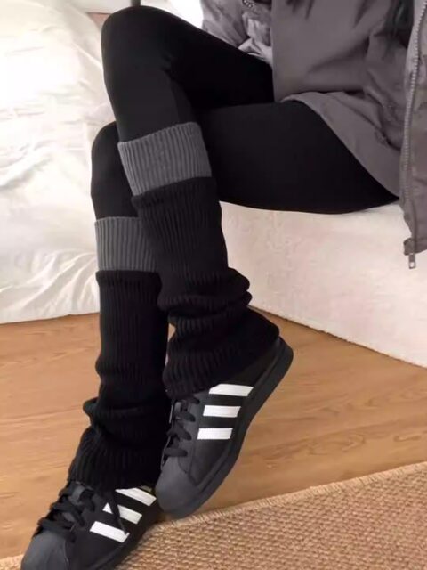 Patchwork Sock Set with Shark Print Leggings for Women, Autumn and Winter Knitted Thickened Long Leg Warmers