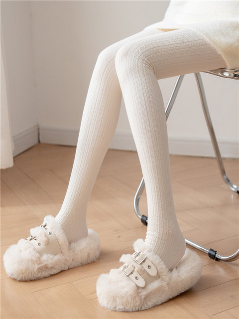 Cream-Colored Cable Knit Tights for Women, Spring and Autumn, Solid Color, Japanese Style, Versatile, Slimming, Outerwear, Vertical Stripes, Fleece-Lined Leggings