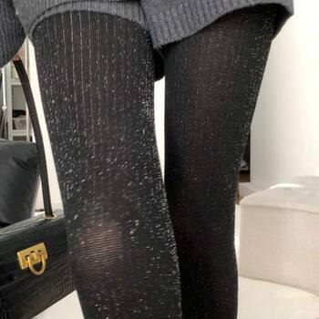 Glittering Silver-Striped Pantyhose, Sexy Leg-Enhancing Black Silk Stockings, Thin Spring and Autumn Tights, Versatile Anti-Snag Leggings
