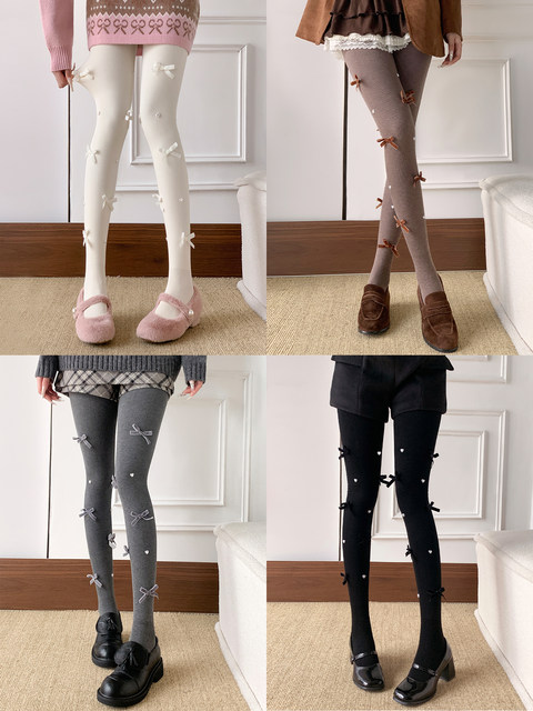 White Pantyhose with Heart-Shaped Bow, Autumn and Winter Japanese-Style Lolita Leggings, Cute Winter Outfit for Girls