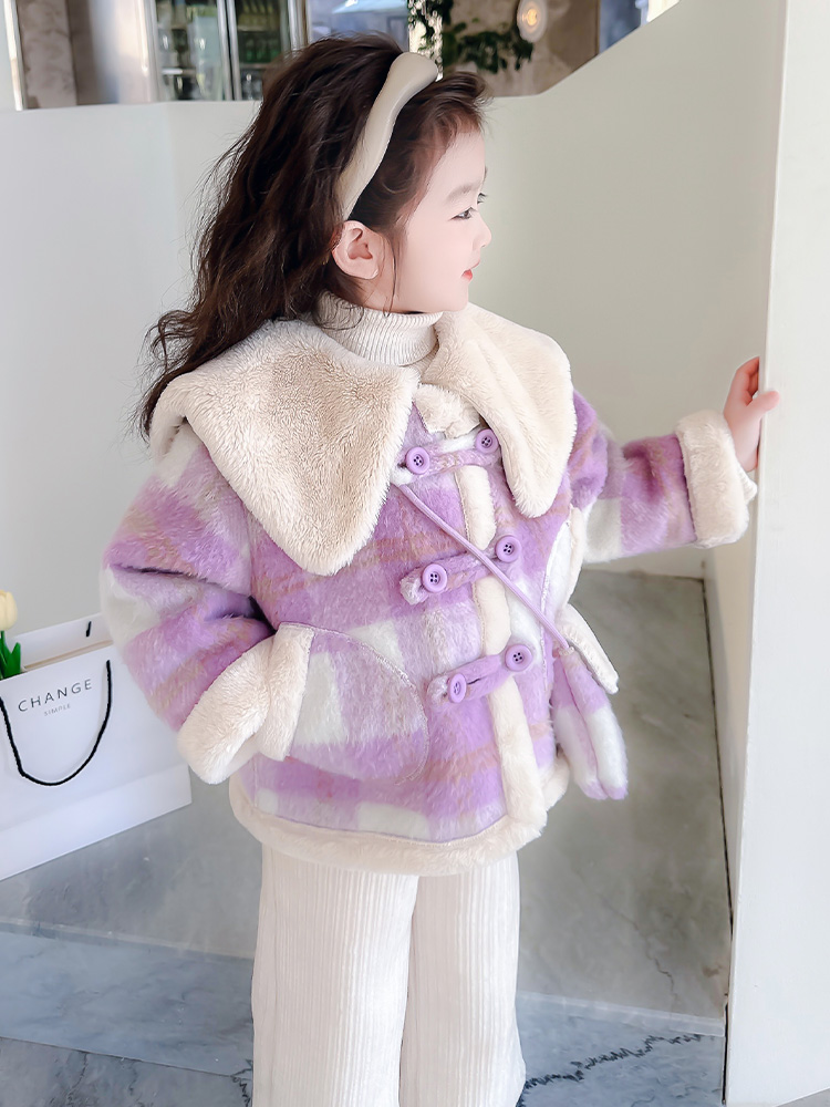 Children's college Wind-integrated suede jacket Girl with short section Son Coat Foreign Air Baby Plus Suede Thickened Blouse Winter Clothing