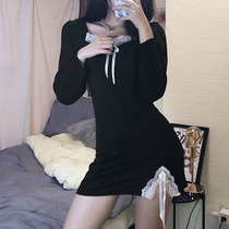 H home European and American small sexy mosaic lace split dress female retro French slim bottom strap small black dress