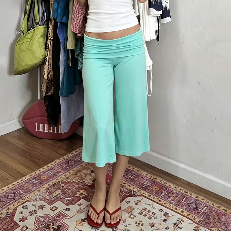 H Brand European and American Women's Clothing, Simple Dopamine Green Pleated Low-Waist Capri Pants for Women, Home Casual Drapey Mid-Length Pants H Brand European and American Women's Clothing, Simple Dopamine Green Pleated Low-Waist Capri Pants for Women, Home Casual Drapey Mid-Length Pants