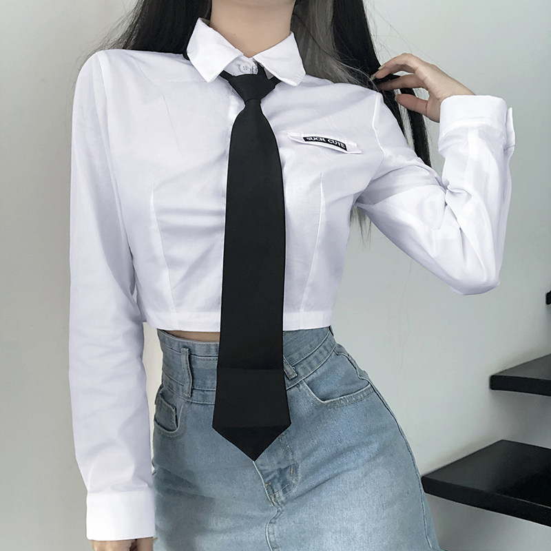 H Home Early autumn First Love Wind Academy Temperament Short White Shirt Female Personality Tie Letter Embroidered Blouse 100 lap