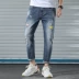 Xu hướng béo là mỏng và béo để tăng quần nam, béo, lỗ, giặt denim, quần chín, quần rộng - Quần jean quần jean đen nam Quần jean