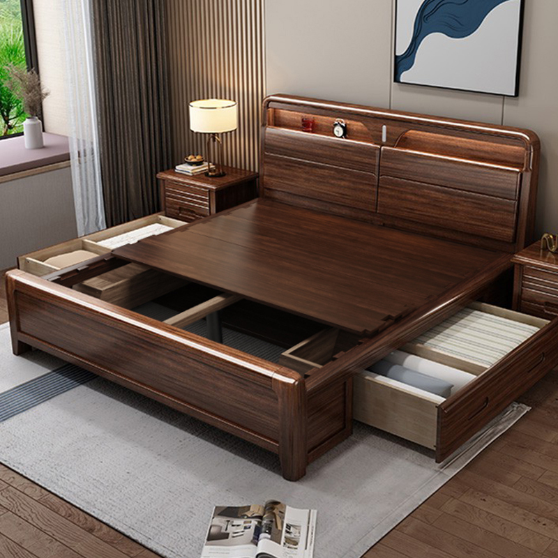 Walnut Solid Wood Bed with Mortise and Tenon Structure, Thickened and Reinforced Headboard with Storage and USB Charging, Master Bedroom, 2m X 2m Large Bed Walnut Solid Wood Bed with Mortise and Tenon Structure, Thickened and Reinforced Headboard with Storage and USB Charging, Master Bedroom, 2m X 2m Large Bed