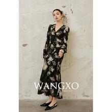 WANGXO | Customized watermark fabric double wrinkled bottom fabric | V-neck cross tie wrap style fishtail dress for women