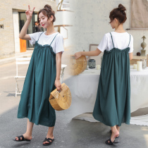 2021 New pregnant women summer dress short sleeve fashion strap skirt two-piece loose literary sling skirt