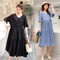 Maternity dress cotton summer V-neck jacket short sleeve summer out loose fashion tide mom long skirt