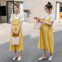 2021 summer pregnant woman sling dress two-piece fashion cotton top loose out tide mom long skirt