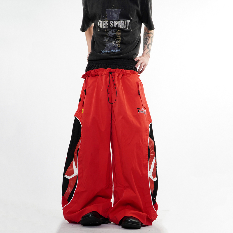 76Street Racing Motorcycle Deconstructed Patchwork Color-Block Double Waistband Casual Pants Unisex Loose Wide-Leg Long Pants Trendy