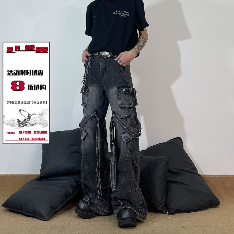 76Street Wang Lujie Style American High Street Heavy-Duty Pocket Workwear Jeans Unisex Long Pants