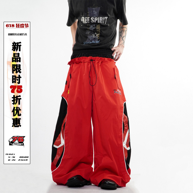 76Street Racing Motorcycle Deconstructed Patchwork Color-Block Double Waistband Casual Pants Unisex Loose Wide-Leg Long Pants Trendy
