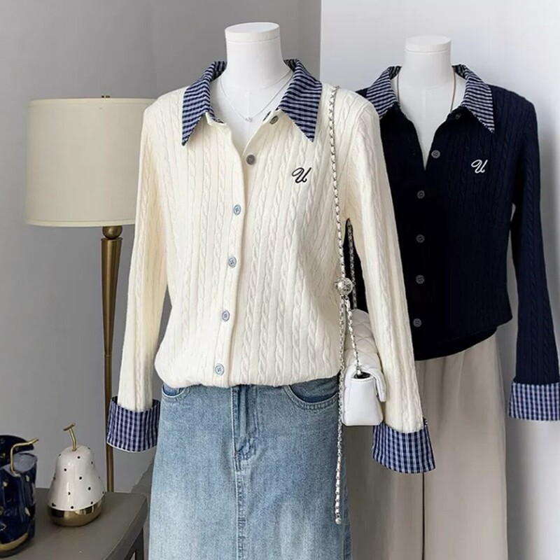 Contrast Color Twist Embroidery Polo Collar Sweater Cardigan for Women, New Autumn Style, College Style, Patchwork Plaid Long-Sleeve Base Shirt