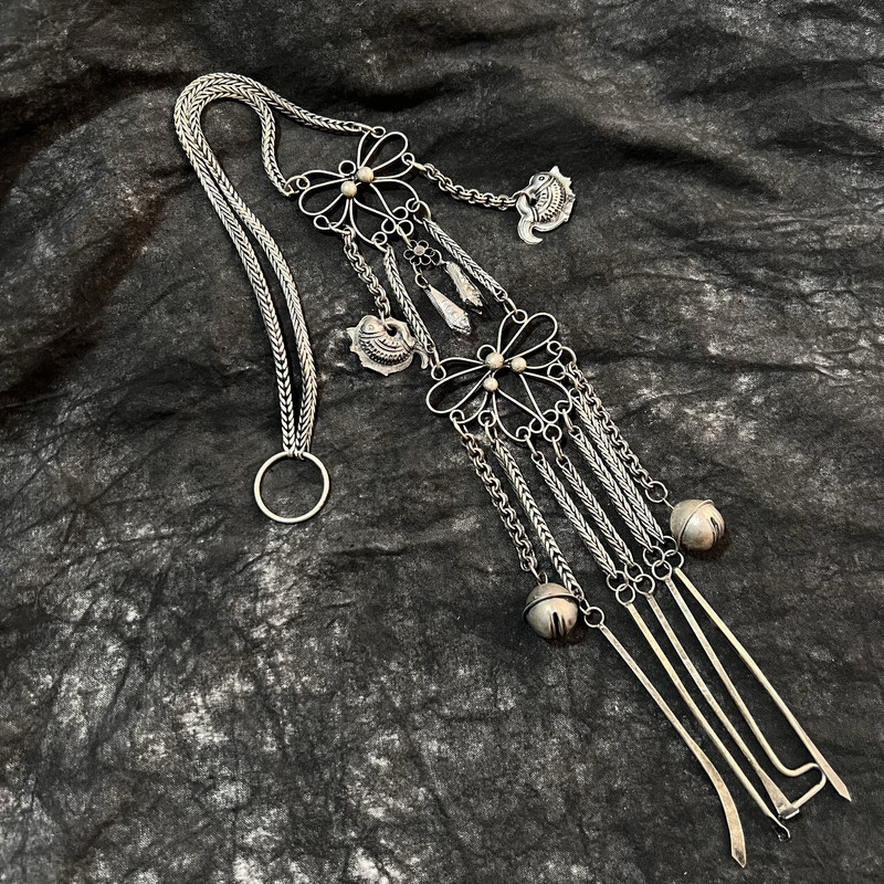 Ethnic Style Retro Jewelry, Handmade Miao Silver Long Necklace, Sweater Chain, Multi-Purpose Bell Fish Tassel Waist Chain