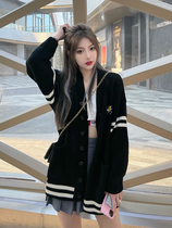 Small Bee Striped Knit Cardiovert Women National Tide Card Men & Women Street College Wind Black V Collar Sweater Jacket