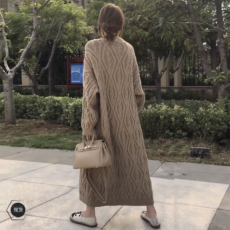 Long version twist sweater coat women's autumn and winter outer wear Korean style all-match lazy style loose thickened over-the-knee knitted cardigan