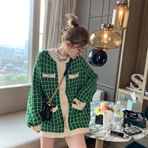 Plaid Collared Knit Cardiovert 2022 Autumn Clothing New Korean Version Small Aroma Loose Medium Long Style Slim Fit Jacket
