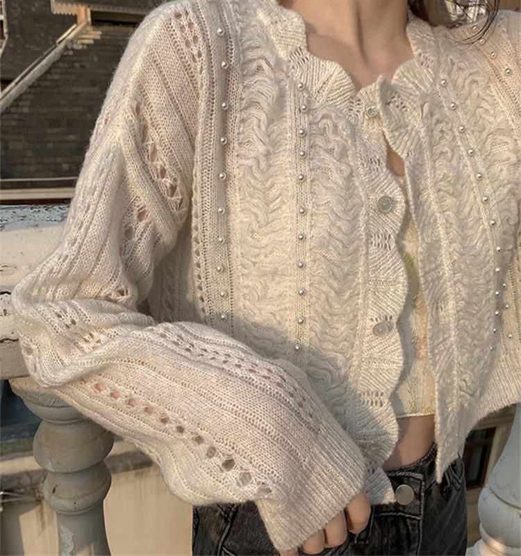 Retro Pearl Pearl Collage Hollow Knitted Sweater in 2022 a new short - pin knitted sweater